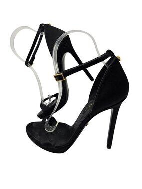 Versace Black Velvet Strappy Stiletto Heels With Gold Medusa Accent, 37.5